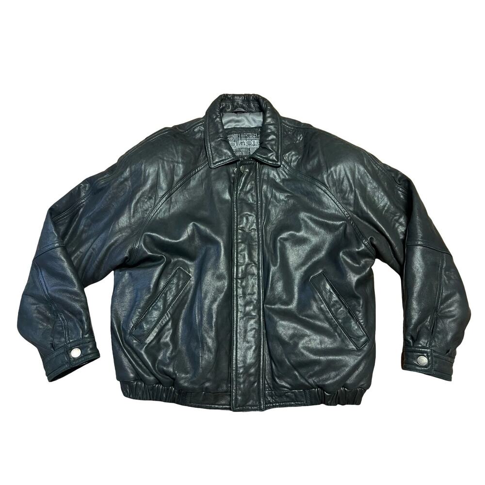 Collezione Mens Genuine Leather Bomber Jacket Size L Black Full Zip Coat